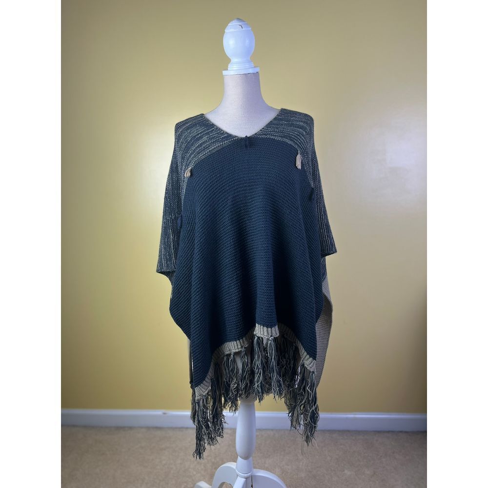 Chic Ruff Navy Gray‎ Knit Poncho Fringe Tassel Detail Boho Sweater Cape